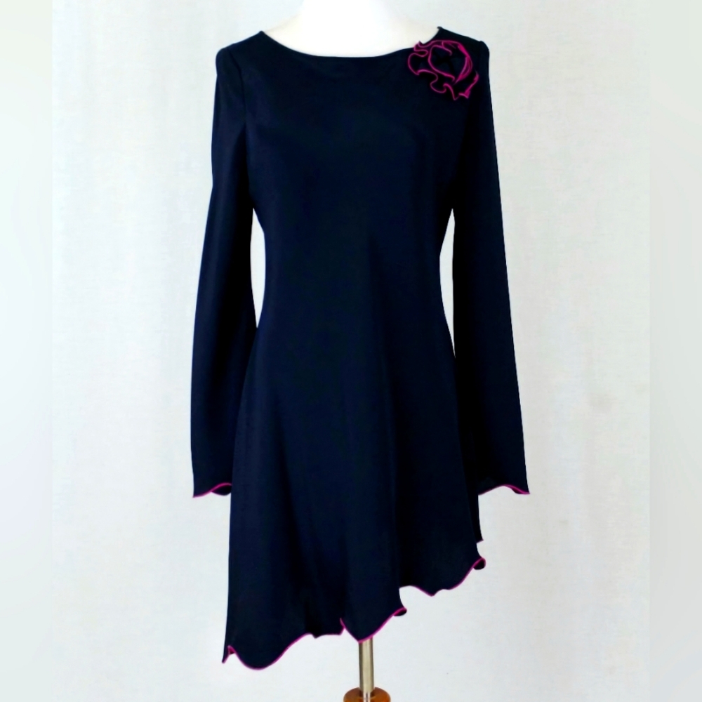 Vintage Holly Harp Blue Silk Asymmetrical Hem Dress with Camellia small 36